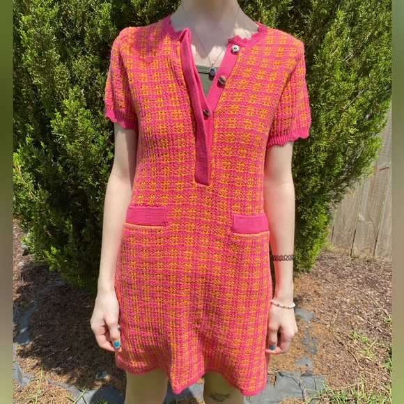 Free Assembly Pink & Orange Tweed Mini Sweater Dress Short Sleeves Size XS - Picture 1 of 9